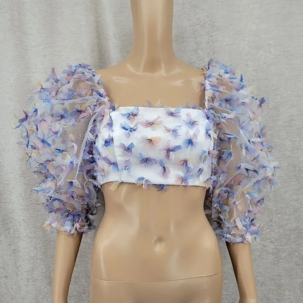 Storia Floral Puff Sleeve Crop Top White and Purple 2D Confetti Flowers
